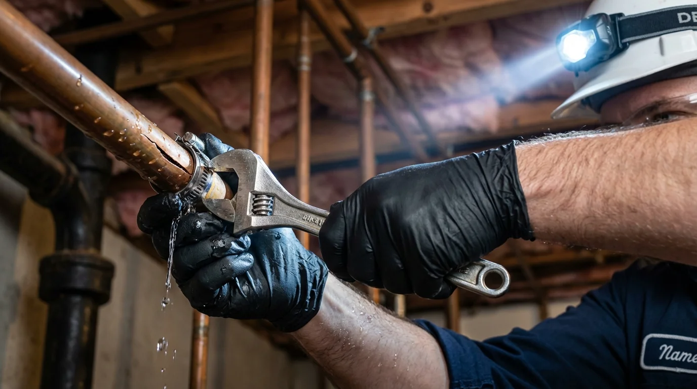 Emergency pipe clamp repair being performed by a Johns Plumbing LLC plumber in Adairsville