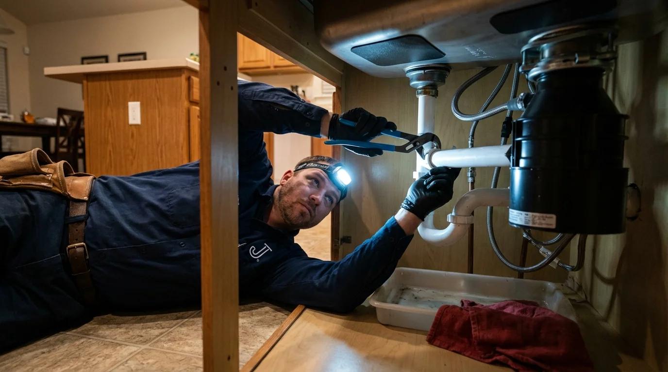 P-trap and supply line connections under a kitchen sink showing a common leak point in Adairsville, GA